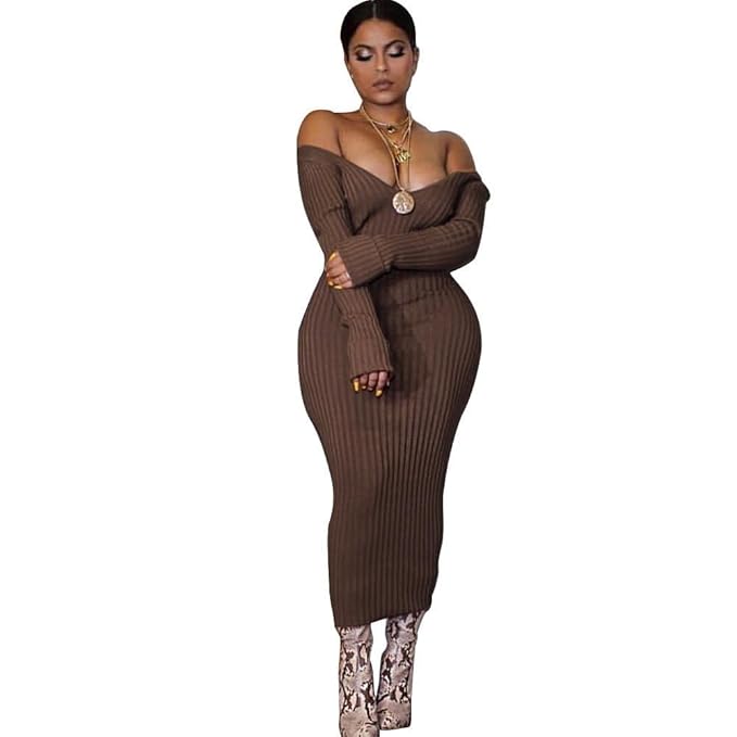 TWIFER V-Ausschnitt aus der Schulter 2018 Herbst Winter Langarm Bodycon Maxikleid