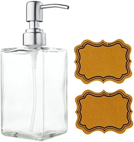 VCOO Soap Dispenser Bottle with Stainless Steel Pump, Refillable Rectangle Clear Glass Jar, Great for Essential Oils, Lotions, Liquid Soaps for Kitchen Bathroom(500ml/16oz)