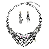 Punk Necklace Earrings Set - Hypoallergenic Gothic Skull Skeleton Choker Statement Necklace Earrings Jewelry Set For Women,Girls Including 1 Chunky Necklace,1 Drop Earrings