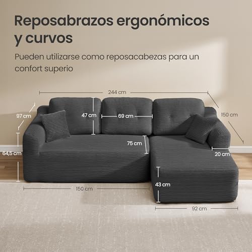 Sofá de canto, sofá modular de 244 cm, entrega compacta, sem montagem, com grande chaise longue à direita, para sala de estar ou quarto de hóspedes, cinzento ardósia LCS184GN01