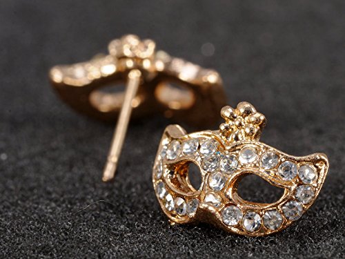 Alilang Golden Metal Tone Mask Clear Rhinestone Accented Fashion Earrings
