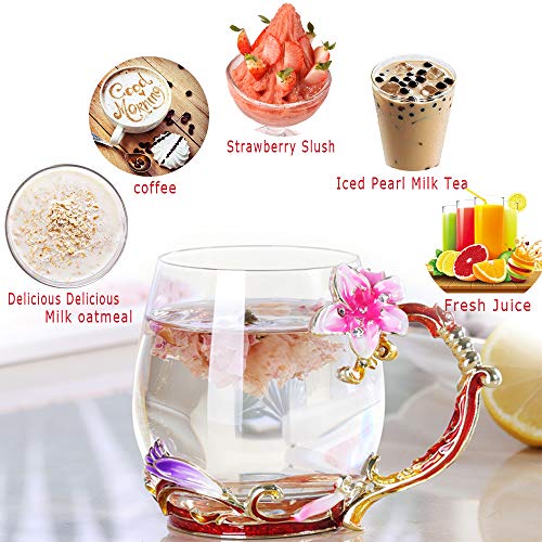 Tea Cup Coffee Mug Cups, Lily Flower Glass Tea Cup, Unique Personalized Birthday Present Ideas for Women Grandma Mom Teachers Hot Beverages 12OZ Pink