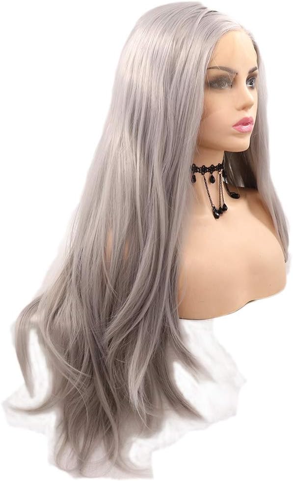 Silver Lace Front Realistic Wigs Grey Lace front Wigs for Women Long Straight Gray Synthetic Wigs Natural Hairline Glueless Heat Resistant Fiber Hair Drag Queen Daily Wear Afro Wig 24 Inch - Image 4
