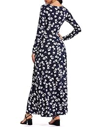 HUHOT - Maxi vestido de manga larga para mujer, cuello en V, una línea única, cruzado, con bolsillos