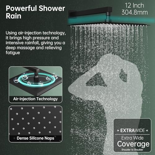 Hoimpro 12 Inch Shower Head System Set Bathroom Rain Mixer Shower Head 2 In 1 Handheld Sprayer Wall Mounted, Square Rainfall Shower Faucet Fixture Combo Valve Kits Brass Showerhead, Matte Black