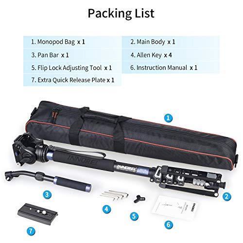 Video Monopod Kit INNOREL Professional Aluminum Fluid Head Monopod with Removable Tripod Base for DSLR Telescopic Camera Camcorders,Plus 1 Extra Sliding Plate