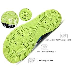 SAGUARO Badeschuhe Kinder Aquaschuhe Schnell Trocknend Schwimmschuhe Wasserschuhe rutschfest Strandschuhe Surf Tauchschuhe für Jungen Mädchen St.2 Blau, Gr.25 EU 5 Schnorchelmasken 5133vag%2BywL. SS300 Obermaterial: Elastisches Mesh + 3D-Offsetdruck. Schnelltrockende und atmungsaktiv, nicht stickig.Die Größe dieser Kinderschwimmschuhe sollte eine Nummer kleiner sein, bitte kaufen Sie eine Nummer größer, damit sie bequemer zu tragen sind. Vielen Dank für Ihren Kauf.
Innenmaterial: Mesh + Wabenloch EVA - Elastisch, abnehmbar, atmungsaktiv, schnelltrocknend und weich.
Sohle: Gummi. Die Aqua Schuhe Sohle besteht aus hochwertigem Gummi Material, das rutschfest, verschleißfest und weich. Schützt die Füße vor Seeigel im Meer, scharfe