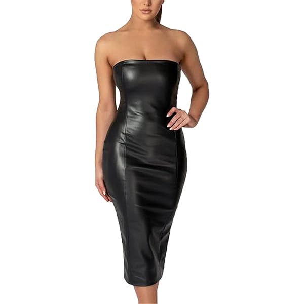 Amazon.com: Women Sexy Strapless Tube Top Club Midi Dress Off Shoulder  Bodycon Club Party PU Faux Leather Dress (US, Alpha, Small, Regular,  Regular, Black) : Clothing, Shoes & Jewelry
