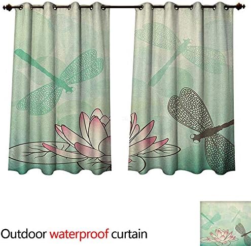 Anshesix Lotus Flower Home Patio Outdoor Curtain Exotic Blossom with Pinkish Petals Water Lily and Dragonflies on Pale Green W84 x L72(214cm x 183cm)
