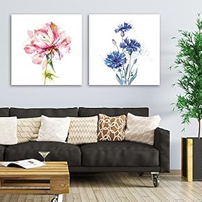 2 Panel Square Canvas Wall Art - Watercolor Style Pink and Blue Flowers on White Background - Giclee Print Gallery Wrap Modern Home Art Ready to Hang - 12"x12" x 2 Panels