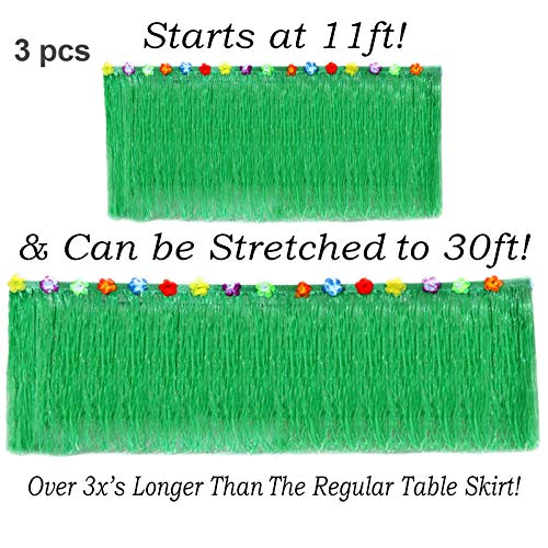 Hawaiian Table Skirt 11ft Long Stretches to 30ft! | (29" Tall) Green Hibiscus Luau Party Decoration | Tropical Theme Decor (3 Table Skirts)
