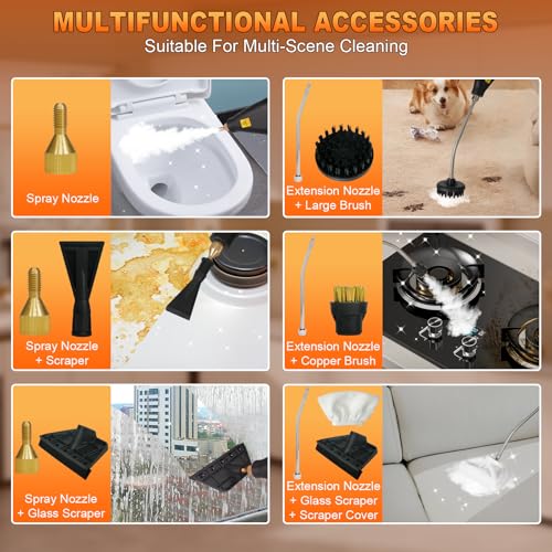 15-IN-1 Steam Cleaner Handheld【2800W Powerful Motor】【6 Level Pressure Steam - 4 BAR High Pressure】with Handle Control Button Cleaner for Household, Car, Kitchen - Orange