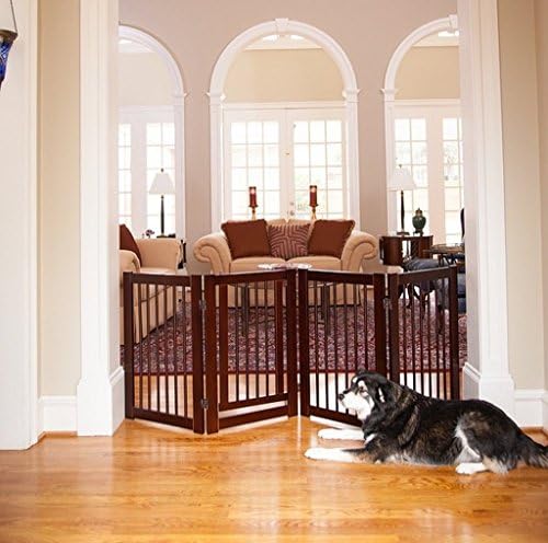 360-Degree Brown Warm Walnut Finish Wood/ Steel Configurable Wooden Pet Gate, 72-Inches Wide, Rubber Pads, 80Lx30Hx0.7D
