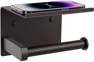 Tindbea Toilet Paper Holder with Phone Shelf, Adhesive or Screw Wall Mount Toilet Tissue Roll Holder, Rustproof & Multifunctional Stainless Steel Bathroom Storage Dispenser (Bronze)