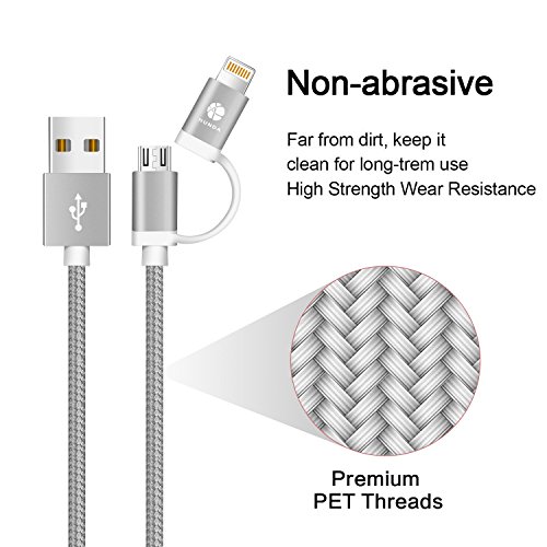 HUNDA [1Pack] 2 in 1 Micro USB and iPhone Charging Cable Compatible with iPhone Xs MAX XR X 8 8Plus iPad Samsung Kindle, Nexus, LG, HTC Android Data Cable (2 in 1 Gray-1 Pack) - Thumbnail 5