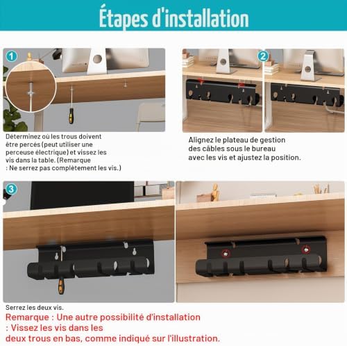Goulotte de Câbles Bureau Lot de 2 en Métal avec Accessoires Noir