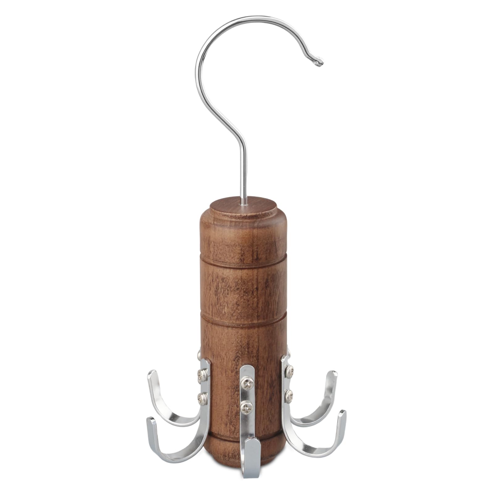 LMSAWK Wooden Belt Hanger, 6 Hooks Scarf Tie Rack, Closet Accessories Organizer, 360 Degree Rotating (Brown)