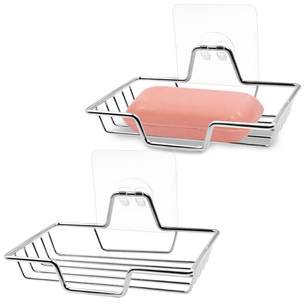 2 Pcs Soap Dish Holder, No Drilling, AIFUDA 304 Rustproof Stainless Steel Wall Mounted Soap Holder Soap Tray for Shower, Bathroom, Tub and Kitchen Sink, Square (Silver)