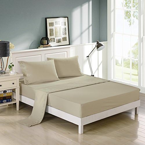 Embroidered Bed Sheets Set – 2800 Supreme Collection – Scroll Flowers Embroidery 288F Double Brushed Microfiber - Wrinkle Free, Fade Resistant, Ultra Soft - 4pieces Bedding Set (King, Beige)