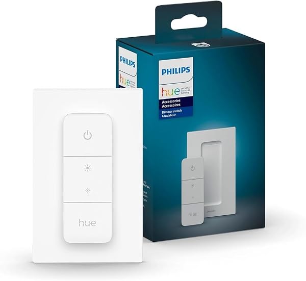 PHILIPS HUE SMART DIMMER SWITCH REMOTE, WHITE, 1 PACK, TURNS HUE LIGHTS ON, OFF, DIMS OR BRIGHTENS, SMART HOME CONTROL, REQUIRES BRIDGE, EASY, NO-WIRE INSTALLATION