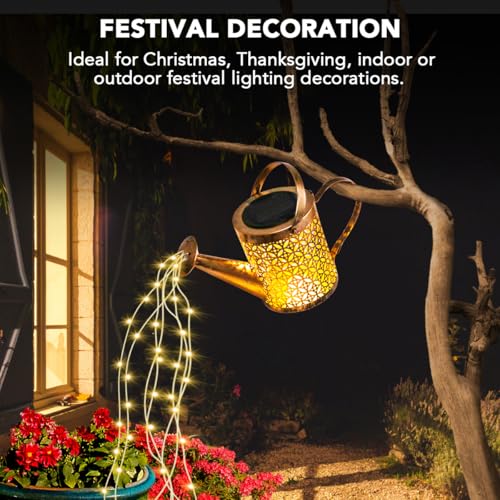 Solar Lights Outdoor Garden Watering Can, Solar Garden Light Waterproof LED Fairy String Lights, Hanging Metal Garden Ornament for Yard Lawn Pathway Patio, Gardening Birthday Gifts for Women Mum