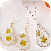 Grmpt Pressed Daisy Jewelry Set for Women 14K Gold Plated Resin Daisy Flower Jewelry Set Waterdrop Daisy Earring Necklace