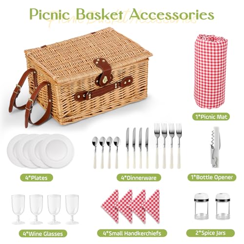 Wicker Picnic Basket Wicker Picnic Basket for 4 Person Woven Basket with Integrated Insulation and Waterproof Tarpaulin, Complete Set with 4 Cutlery, Plates, Glasses for Camping Garden BBQ