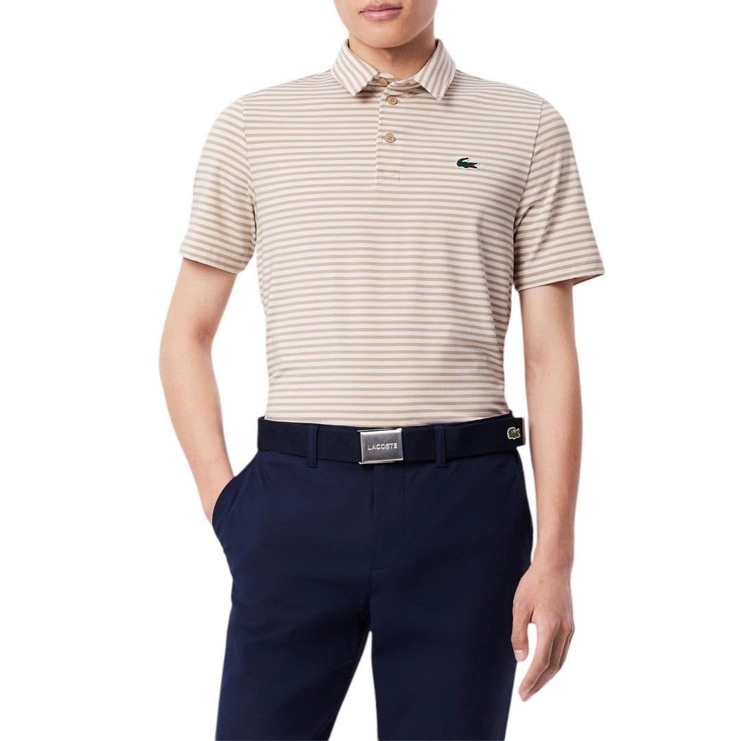 Lacoste Men’s Regular Fit UV Protect Striped Golf Polo Shirt, Ochre/White Striped, XX-Large