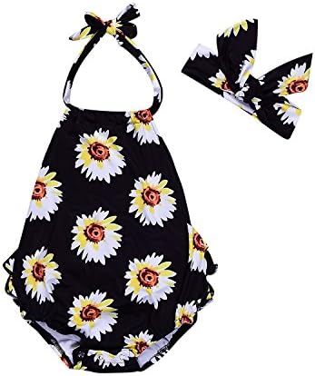 NORAME Baby Girls One Piece Swimsuit Floral Sunflower Ruffles Rompers Backless Dress With Headband (12-18months)