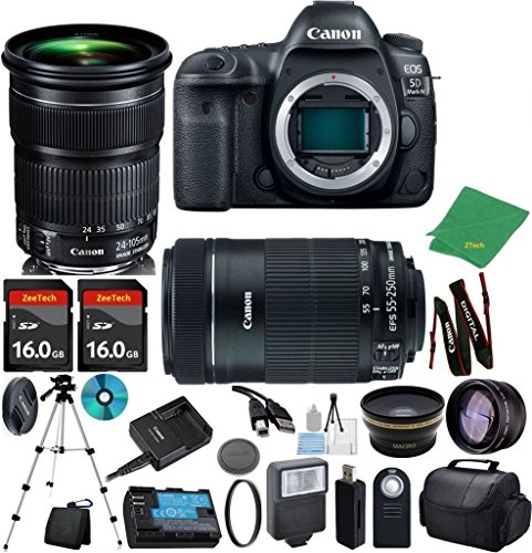 Canon EOS 5D Mark IV with 24-105mm IS STM + 55-250mm STM + 2pcs 16GB Memory + Case + Memory Reader + Tripod + ZeeTech Starter Set + Wide Angle + Telephoto + Flash + Filter