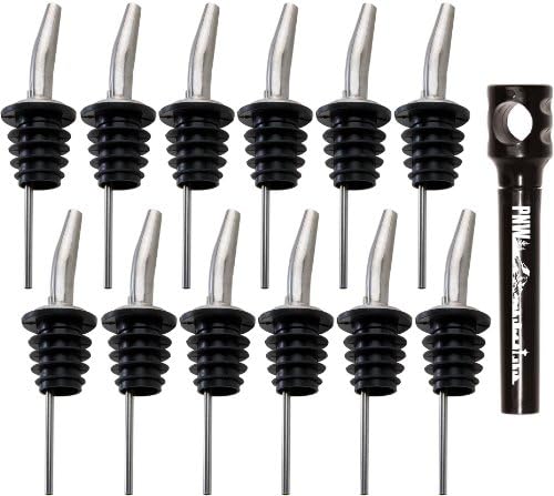Free Flowing Stainless Steel Liquor Bottle Speed Pourers with Tapered Spout and PNW Pocket Corkscrew (12-Pack)