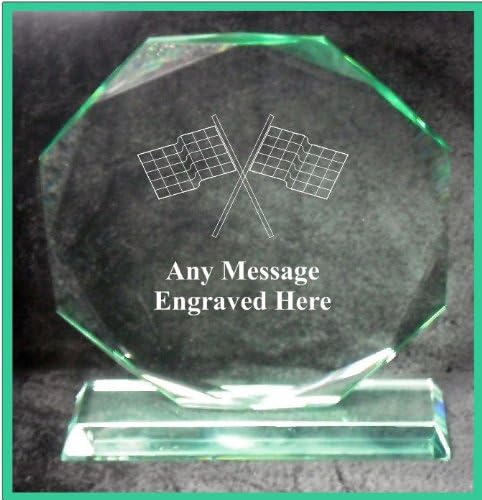 GLASS CHEQUERED FLAGS 18CM OCTAGON AWARD TROPHY GA1011 ENGRAVED PERSONALISED
