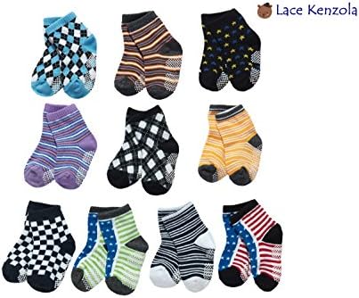 Lace Kenzola 10-pairs Happy Toddler Quarter Socks Set [Box Packaged] Anti-slip 2T 3T Stripe for Boys