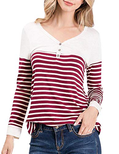 Women Long Sleeve Round Neck Blouse Color Block Striped Casual Tops T Shirt (Small, R White)