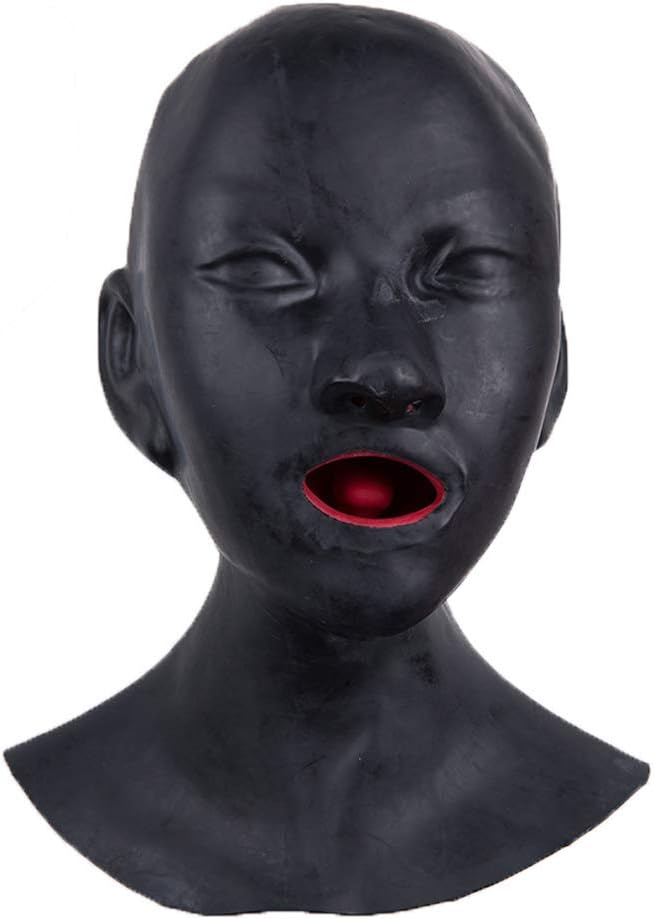 EXLATEX Women Anatomical Latex Mask Heavy Rubber Hood Lined With Red Mouth Sheath Tongue and Nose Tube