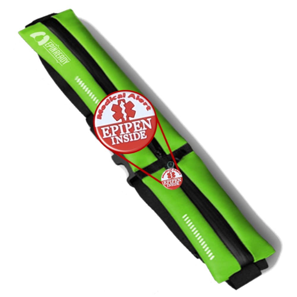 EpiPen Waist Belt with Medical Alert Tag, EpiPen Fanny Pack, Sports Outdoors Epipen Case for Walking or Running - Fits EpiPen and a M.D.I. Inhaler (Lime Green)