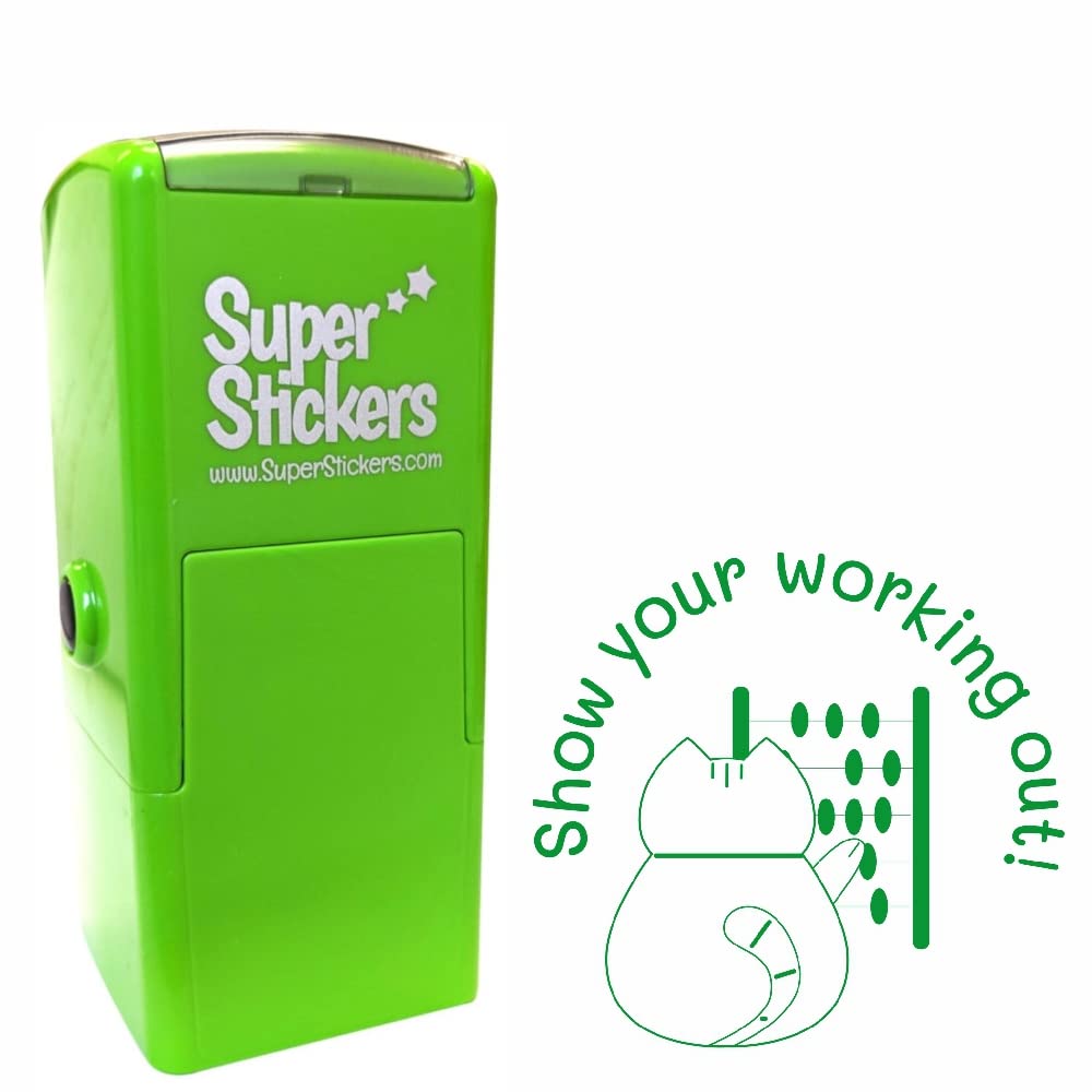 Teacher Stamp, Education Marking Stamp, Reward Stamps for School - Show Your Working Out Cat & Abacus, Impression Size Approx 23x23 mm, Green Ink