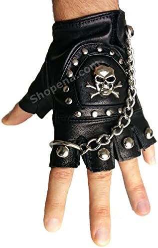 Fingerless Skull PU Leather Biker Gloves and Chain (Medium)
