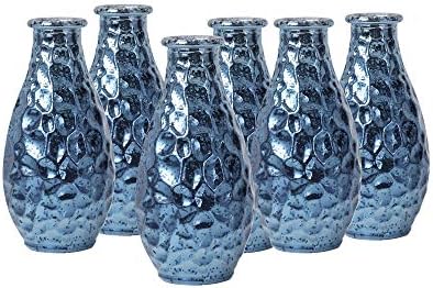 WH Housewares Pebble Grain Mercury Glass Bud Vase, Decorative Bottles 5.6 inch High Set of 6(Navy Blue)