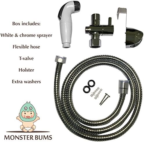 Monster Bums All-in-One Cloth Diaper Sprayer and Handheld Toilet Bidet | Quick Sanitary Clean for Soiled Linens | Includes Hose, T-Valve and Mounting Accessories