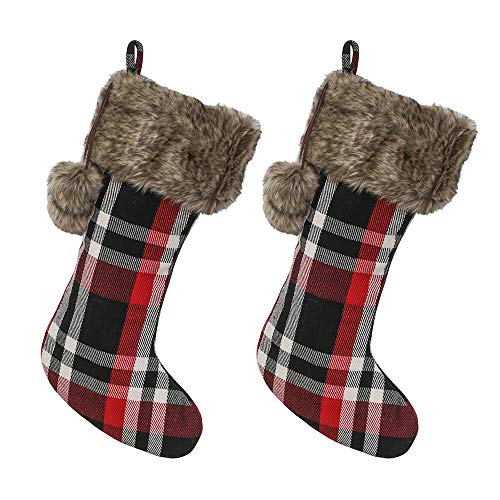 Red Plaid Christmas Stockings - 2-Pack of 21 inch Holiday Stockings with Festive Mink Faux Fur Cuff and Hanging Pompoms