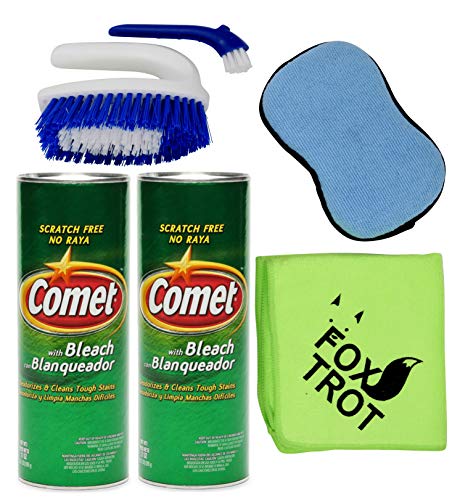 Comet Cleaner Total Kitchen and Bathroom Cleaner Kit - Two 21 Oz Canisters Comet Cleanser Powder with Bleach - Tough Scrub Sponge - 2 in 1 Scrub and Detail Brush - Foxtrot Microfiber Towel