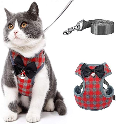 Aqiku Pet Harness and Leash Set for Walking Small Cat and Dog Harness, Escape Proof Soft Vest Harnesses with Bell Bow, Easy Control Breathable Pet Safety Jacket & 1 Metal Leash Ring