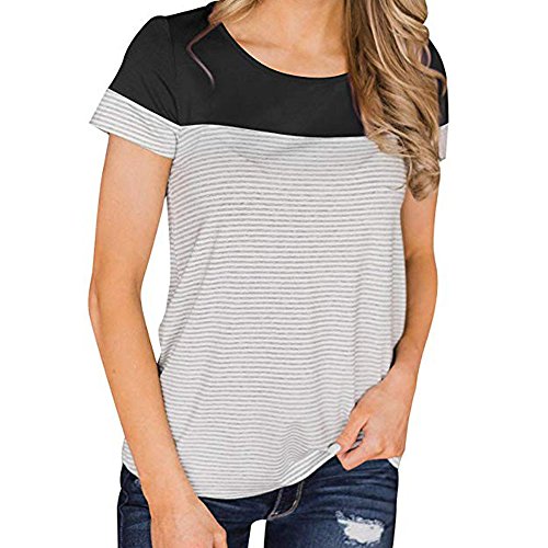 Xavigio Summer T Shirts Women's Triple Color Block Stripe Short Sleeve Round Neck Tunic Tees Casual Blouse Top