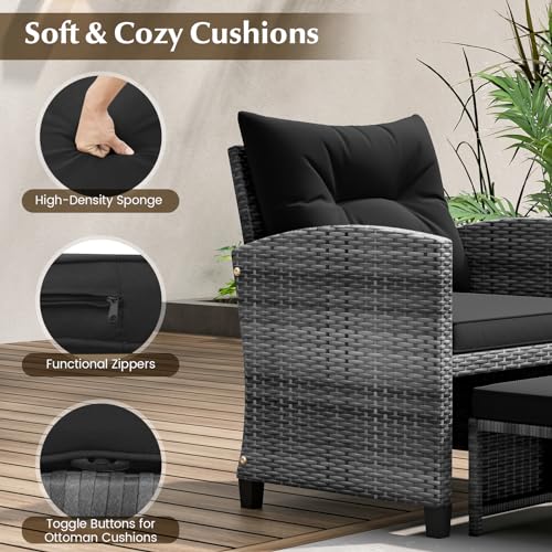 Tangkula 5 Piece Patio Rattan Furniture, Wicker Cushioned Chairs Set with 2 Ottomans & Tempered Glass Coffee Table, for Poolside, Backyard, Lawn, Deck
