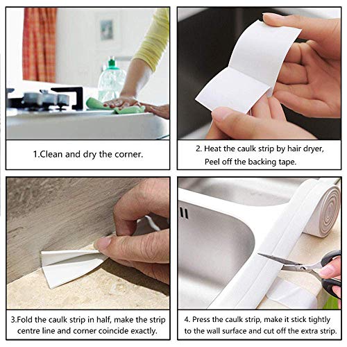 TYLife PE Caulk Tape,Tub Caulking Strip Self-Adhesive Waterproof Sealing Tape for Kitchen Sink Toilet Bathroom Shower and Bathtub Floor Wall Edge Protector-8/9" x 11' (White-1Pack) - Thumbnail 6