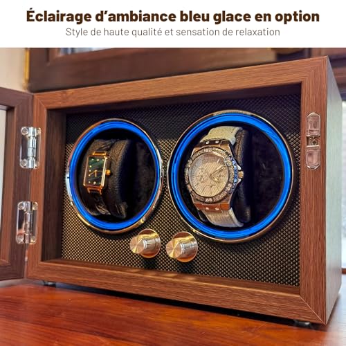 BeSokar 2 Watch Winder Black Walnut Wood 4 Rotation Modes LED Light Ultra Quiet