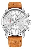 FOVICN Men's  Fashion Business Quartz Watch with Brown Leather Strap Chronograph Waterproof Date Display Analog Sport Wrist Watches, White