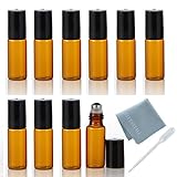 ELFENSTALL 10pcs 5ml(1/6oz) Roll on Glass Bottle for Essential Oil - Empty Aromatherapy Perfume Bottles - Refillable Slim with Metal Ball and Black Lid Amber + FREE Dropper