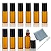 ELFENSTALL 10pcs 5ml(1/6oz) Roll on Glass Bottle for Essential Oil - Empty Aromatherapy Perfume Bottles - Refillable Slim with Metal Ball and Black Lid Amber + FREE Dropper